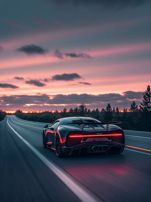 Zonsondergang met luxe auto