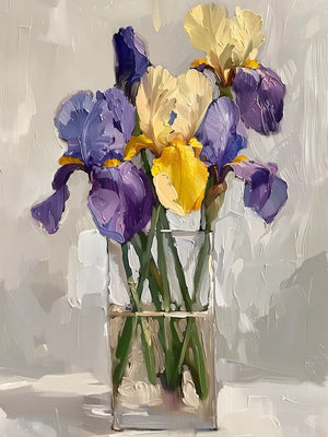 Kunstwerk met irissen en heldere kleuren