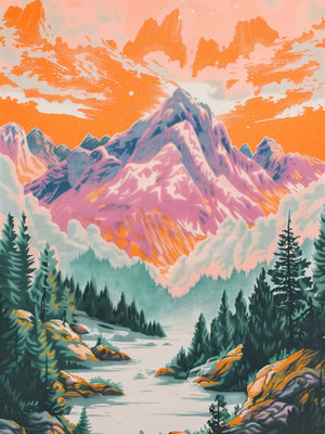 Schilderij van bergen en natuur