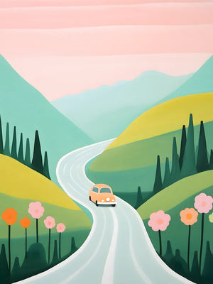 Vrolijke auto met bloemen en bergen