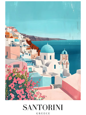 Zicht op Santorini met bloemen