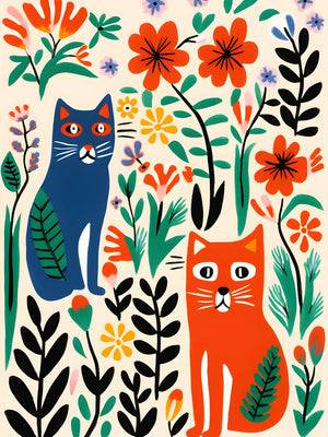 Katten kunst met kleurrijke bloemen