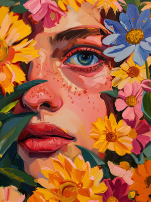 Schilderij van gezicht in bloemen