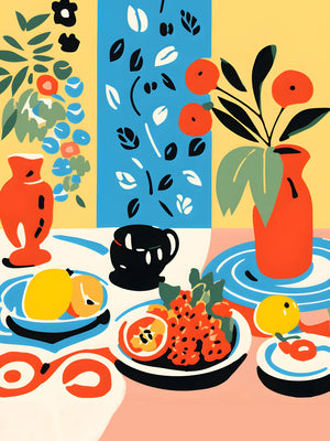 Kunstwerk van fruit met bloemen