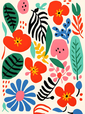 Kunstwerk met kleurrijke bloemen en bladeren