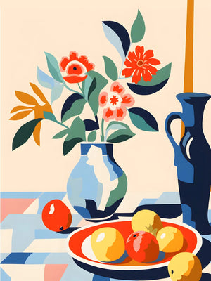 Vrolijke schilderij met bloemen en fruit