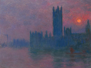 Schilderij van stad bij dageraad