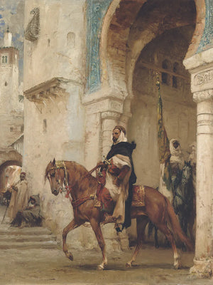 Schilderij van ruiter in stad