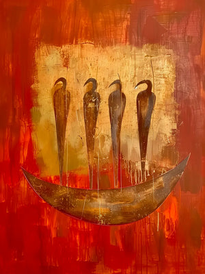 Kunstwerk van vogels in warme kleurschakeringen