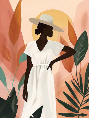 Vrouw met hoed en tropische bladeren