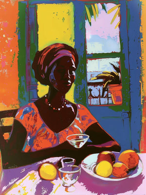 Schilderij van vrouw aan tafel