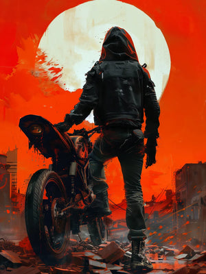 Silhouet van motorrijder bij maan